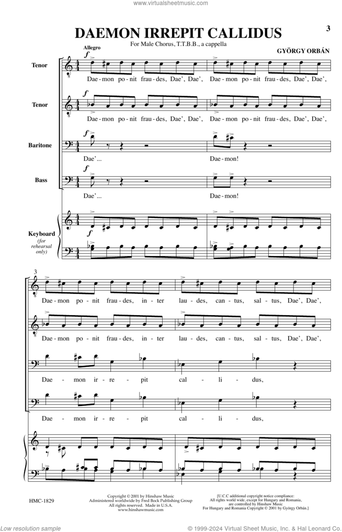 Daemon Irrepit Callidus sheet music for choir (TTBB: tenor, bass) by Gyorgy Orban, intermediate skill level