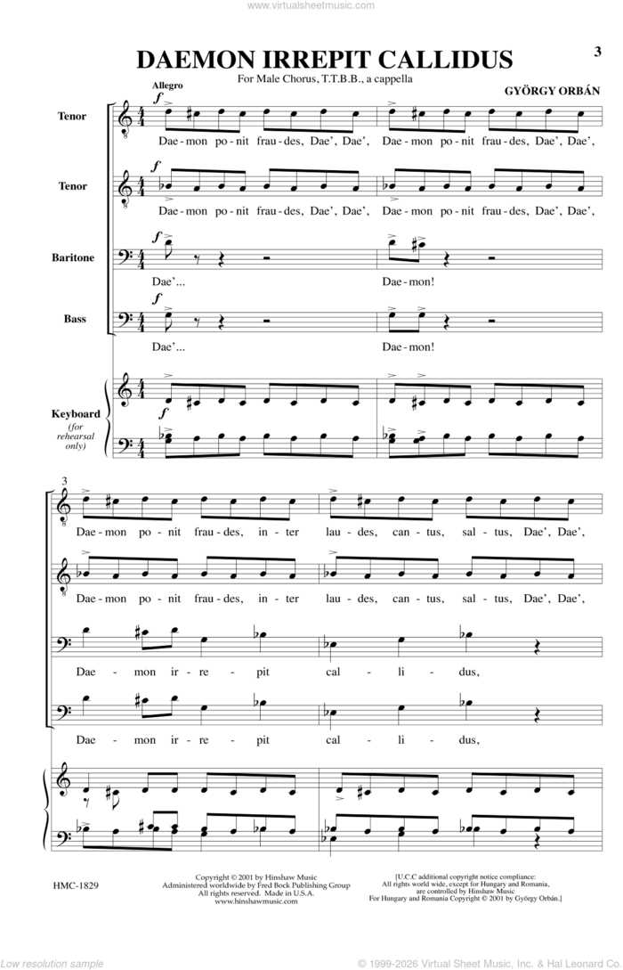 Daemon Irrepit Callidus sheet music for choir (TTBB: tenor, bass) by Gyorgy Orban, intermediate skill level