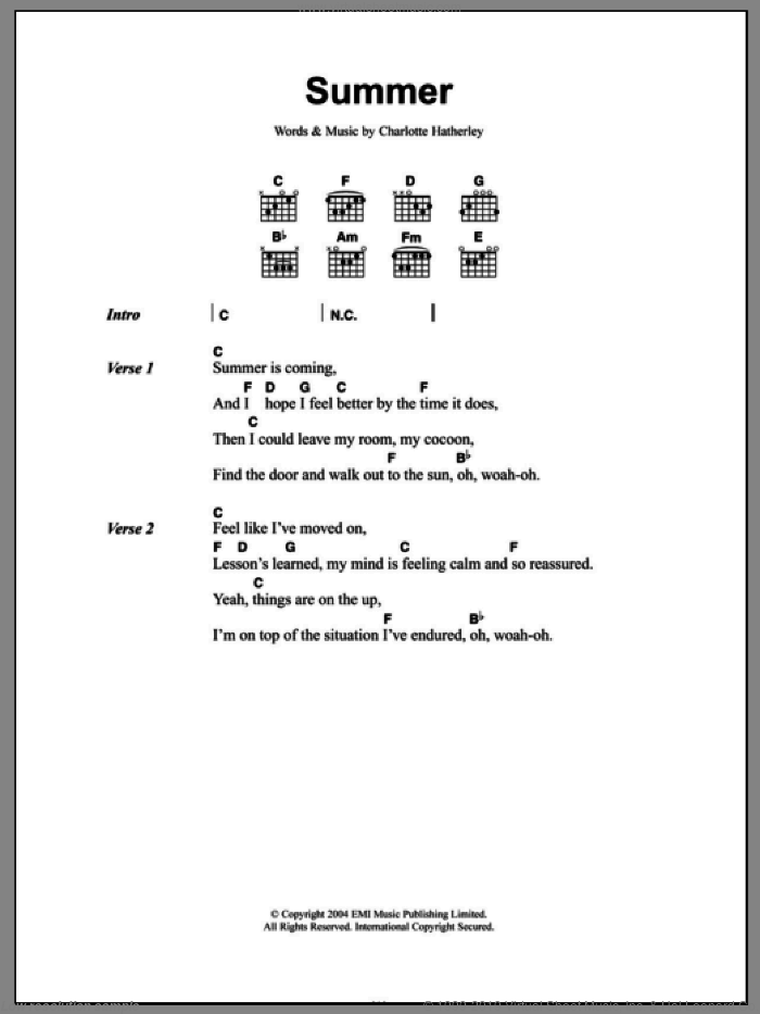 Summer sheet music for guitar (chords) by Charlotte Hatherley, intermediate skill level