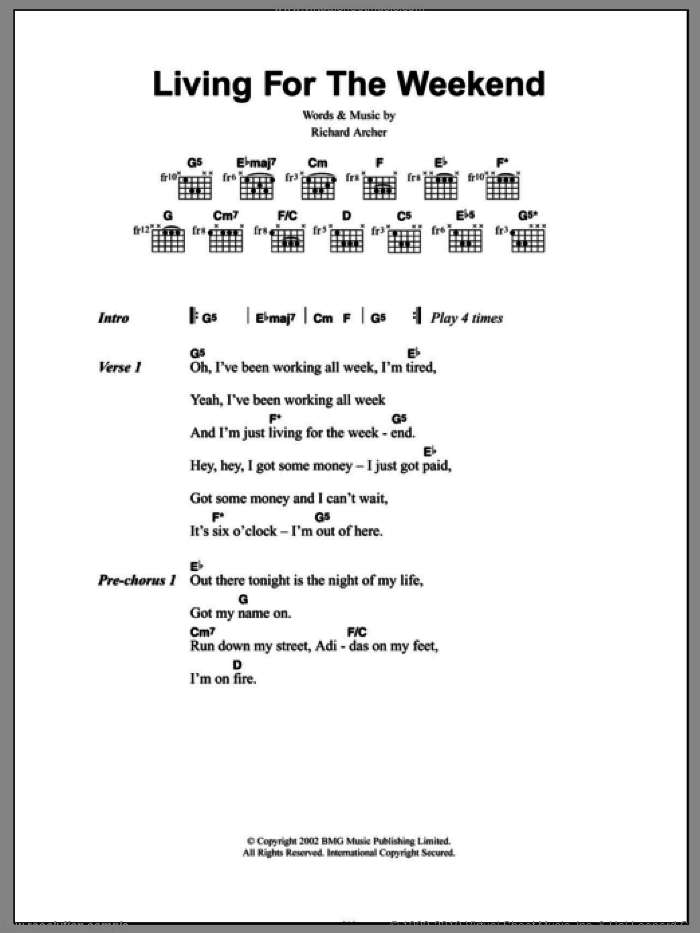 Living For The Weekend sheet music for guitar (chords) by Hard-Fi and Richard Archer, intermediate skill level