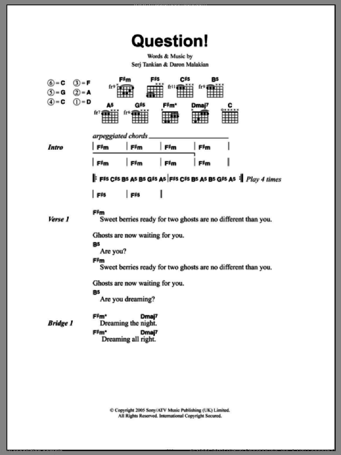 Question! sheet music for guitar (chords) by System Of A Down, Daron Malakian and Serj Tankian, intermediate skill level