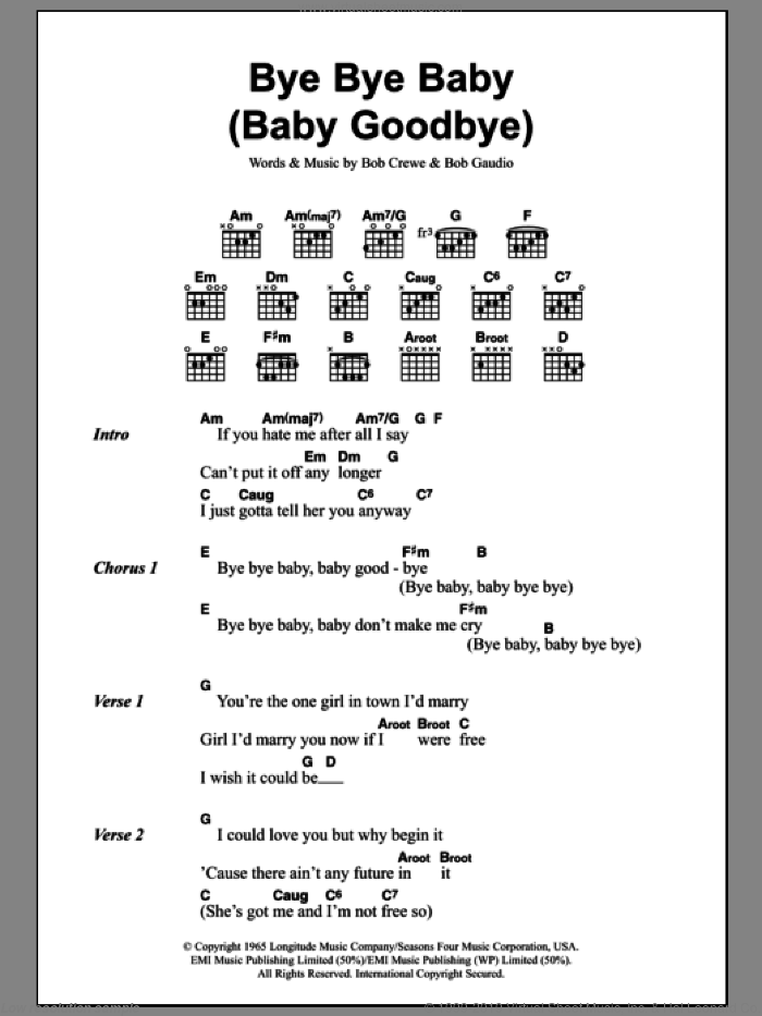 Bye Bye Baby (Baby Goodbye) sheet music for guitar (chords) by Bay City Rollers, Bob Crewe and Bob Gaudio, intermediate skill level