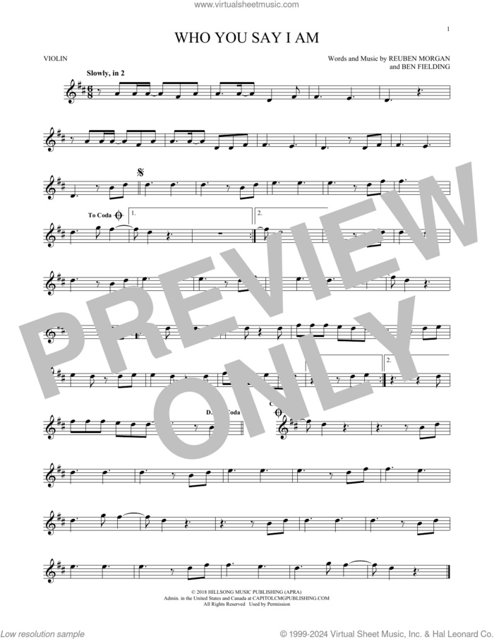Who You Say I Am sheet music for violin solo by Hillsong Worship, Ben Fielding and Reuben Morgan, intermediate skill level