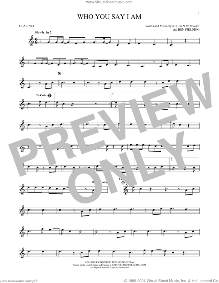 Who You Say I Am sheet music for clarinet solo by Hillsong Worship, Ben Fielding and Reuben Morgan, intermediate skill level