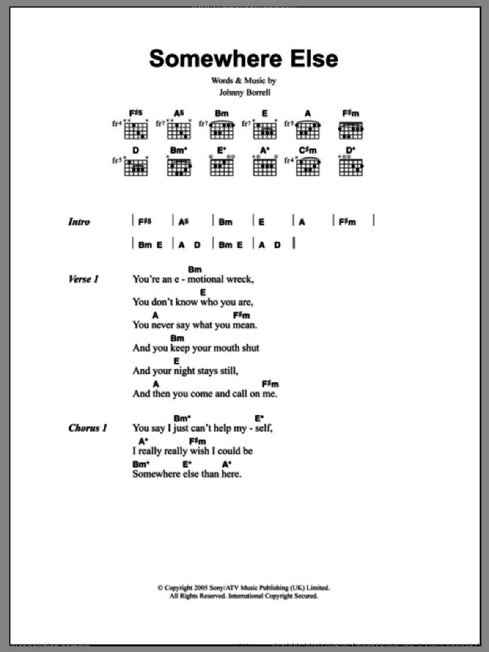Somewhere Else sheet music for guitar (chords) by Razorlight and Johnny Borrell, intermediate skill level
