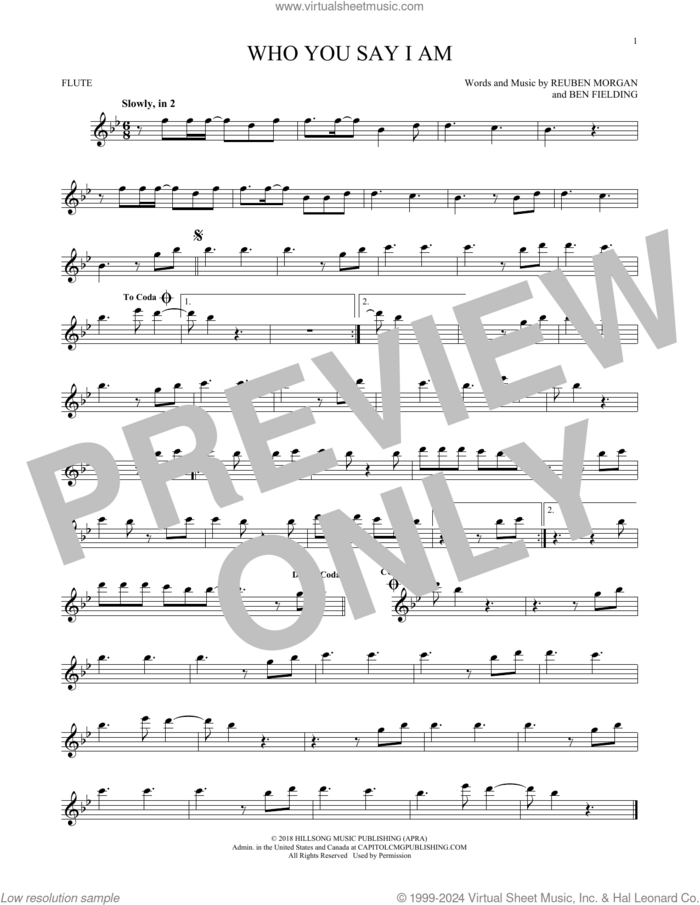 Who You Say I Am sheet music for flute solo by Hillsong Worship, Ben Fielding and Reuben Morgan, intermediate skill level