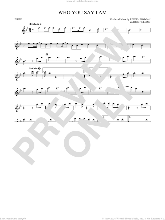 Who You Say I Am sheet music for flute solo by Hillsong Worship, Ben Fielding and Reuben Morgan, intermediate skill level