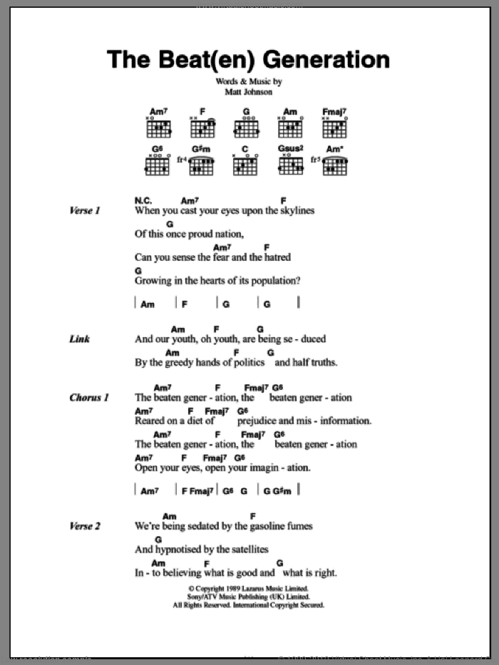 The Beat(en) Generation sheet music for guitar (chords) by The The and Matt Johnson, intermediate skill level
