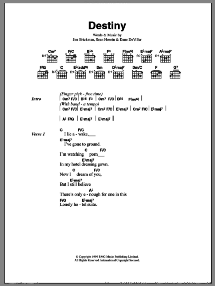 Destiny sheet music for guitar (chords) by Jim Brickman, Dane Deviller and Sean Hosein, intermediate skill level