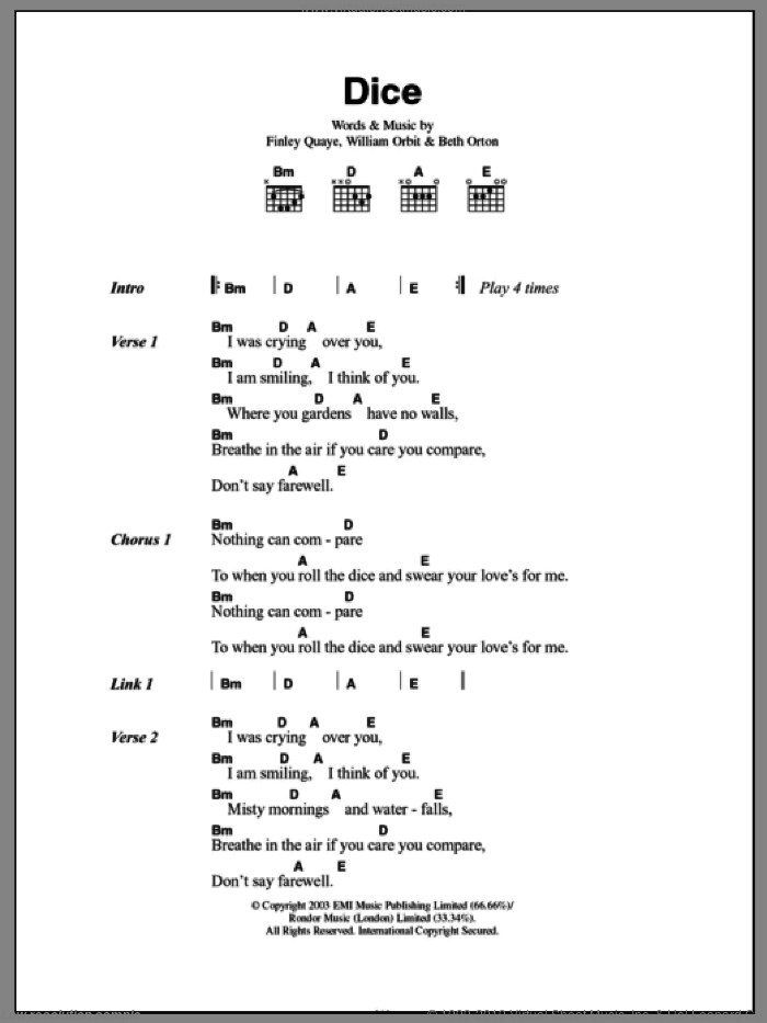 Dice sheet music for guitar (chords) by Beth Orton, Finley Quaye and William Orbit, intermediate skill level