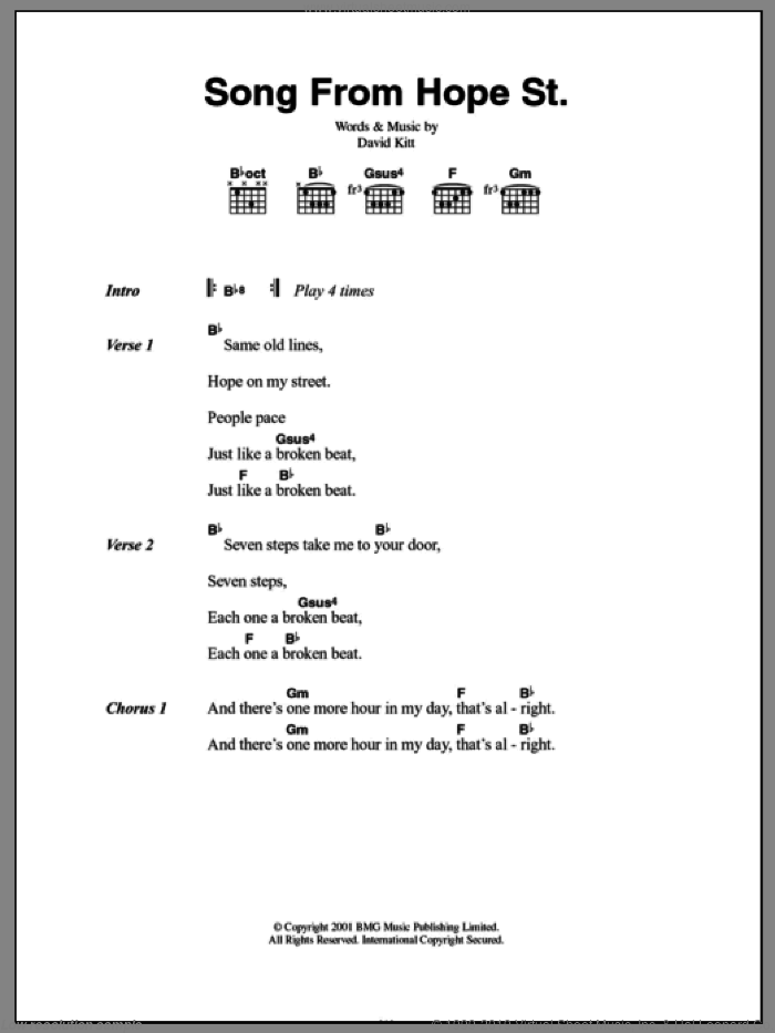Song From Hope St. sheet music for guitar (chords) by David Kitt, intermediate skill level
