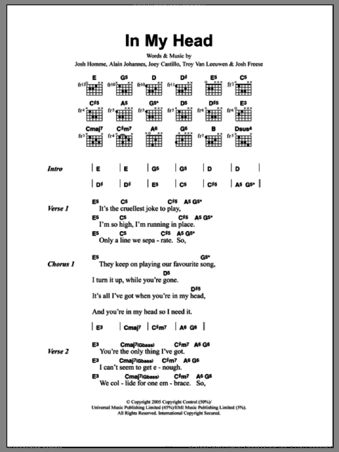 In My Head sheet music for guitar (chords) by Queens Of The Stone Age, Alain Johannes, Joey Castillo, Josh Freese, Josh Homme and Troy Van Leeuwen, intermediate skill level