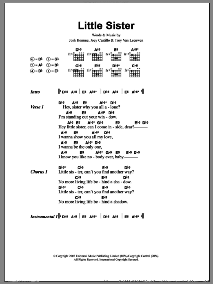 Little Sister sheet music for guitar (chords) by Queens Of The Stone Age, Joey Castillo, Josh Homme and Troy Van Leeuwen, intermediate skill level