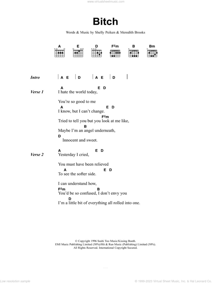 Bitch sheet music for guitar (chords) by Meredith Brooks and Shelly Peiken, intermediate skill level