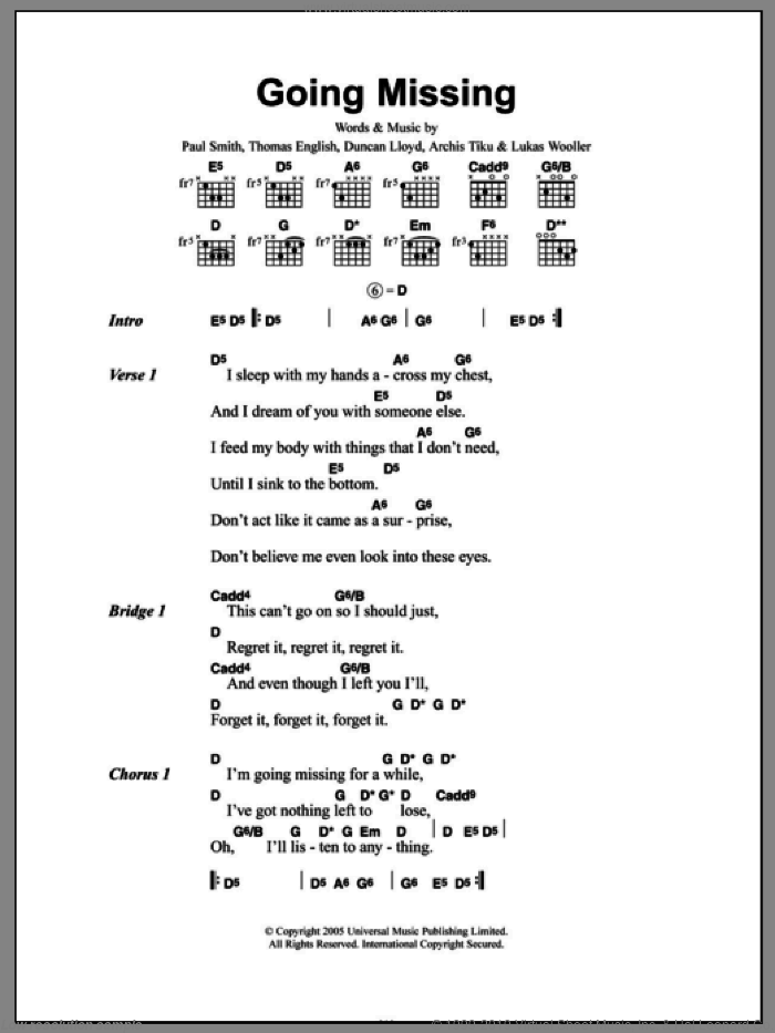 Going Missing sheet music for guitar (chords) by Maximo Park, Archis Tiku, Duncan Lloyd, Paul Smith and Thomas English, intermediate skill level