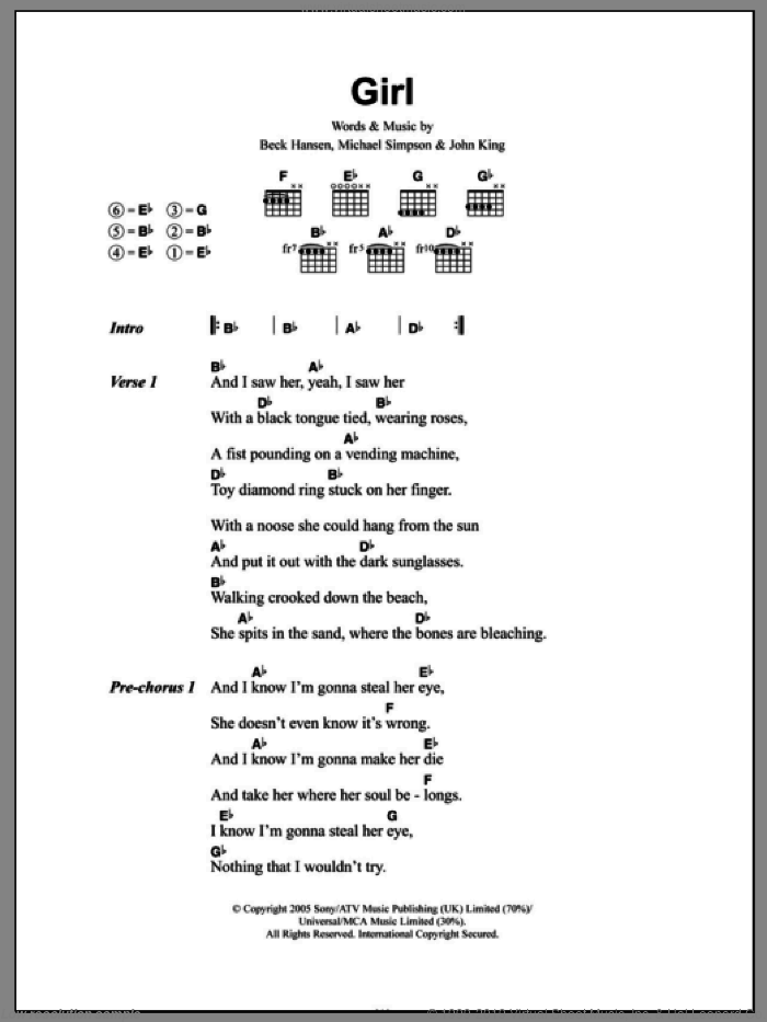 Girl sheet music for guitar (chords) by Beck Hansen, John King and Mike Simpson, intermediate skill level