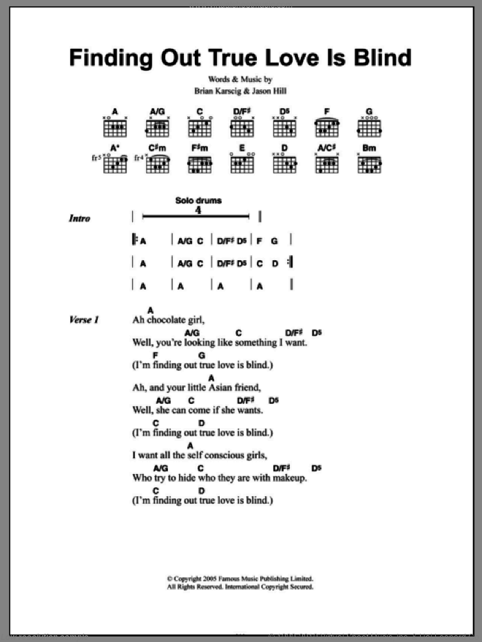 Finding Out True Love Is Blind sheet music for guitar (chords) by Louis XIV, Brian Karscig and Jason Hill, intermediate skill level
