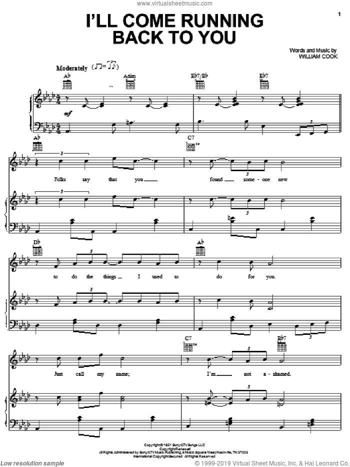I'll Come Running Back To You sheet music for voice, piano or guitar by Sam Cooke and William Cook, intermediate skill level