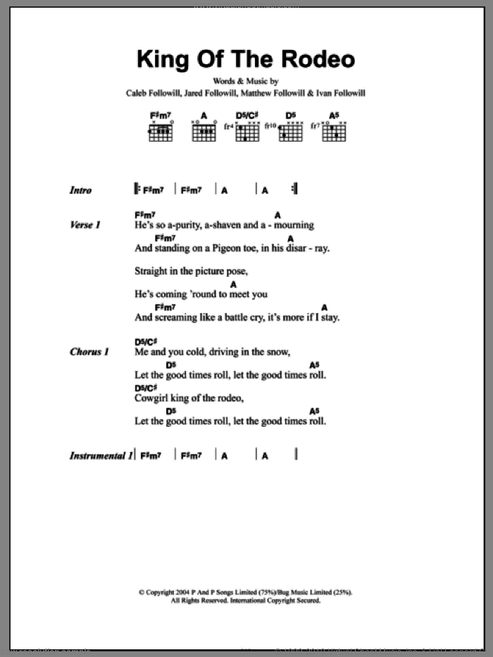 King Of The Rodeo sheet music for guitar (chords) by Kings Of Leon, Caleb Followill, Ivan Followill, Jared Followill and Matthew Followill, intermediate skill level