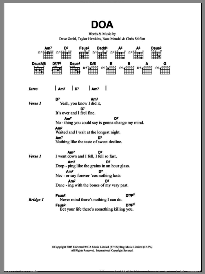 DOA sheet music for guitar (chords) by Foo Fighters, Chris Shiflett, Dave Grohl, Nate Mendel and Taylor Hawkins, intermediate skill level