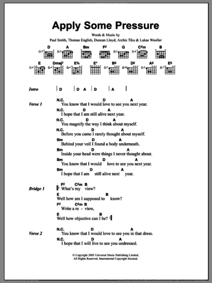 Apply Some Pressure sheet music for guitar (chords) by Maximo Park, Archis Tiku, Duncan Lloyd, Lukas Wooller, Paul Smith and Thomas English, intermediate skill level
