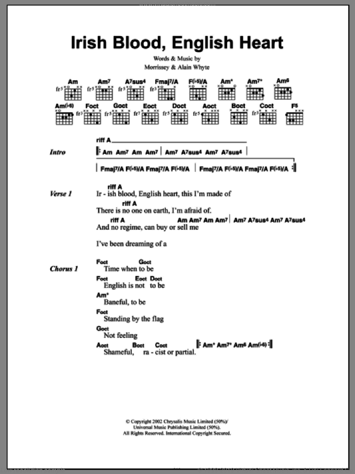 Irish Blood, English Heart sheet music for guitar (chords) by Steven Morrissey and Alain Whyte, intermediate skill level