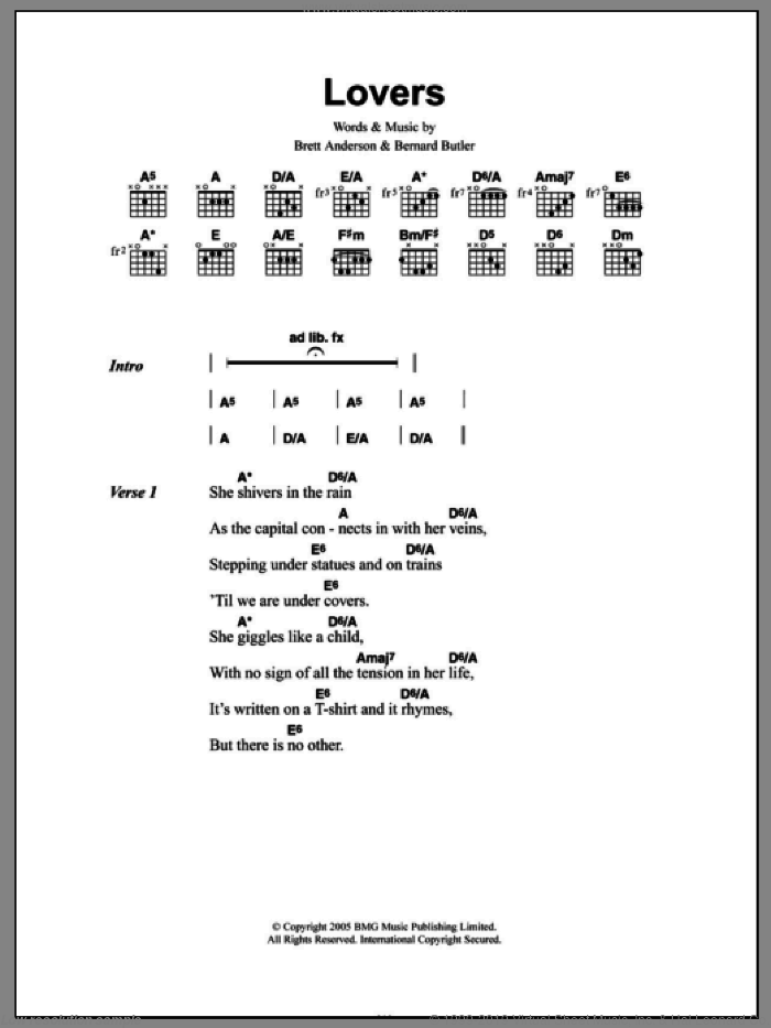 Lovers sheet music for guitar (chords) by The Tears, Bernard Butler and Brett Anderson, intermediate skill level