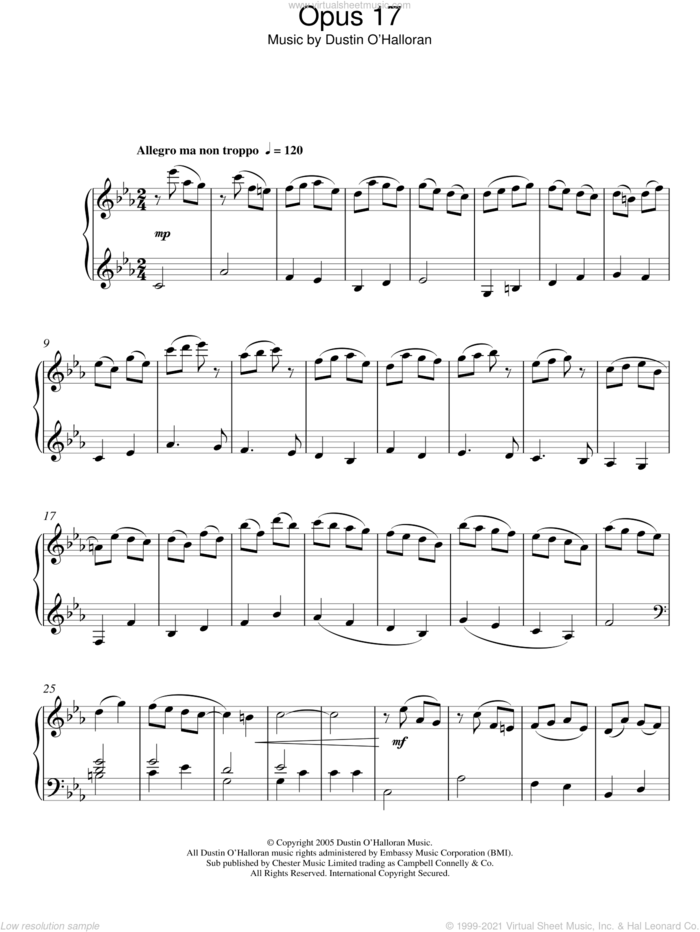 Opus 17 sheet music for piano solo by Dustin O'Halloran, classical score, intermediate skill level