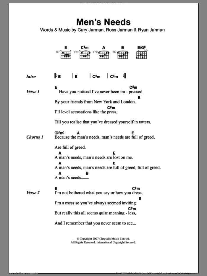 Men's Needs sheet music for guitar (chords) by The Cribs, Gary Jarman, Ross Jarman and Ryan Jarman, intermediate skill level