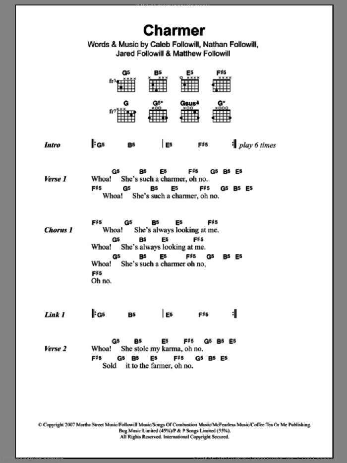 Charmer sheet music for guitar (chords) by Kings Of Leon, Caleb Followill, Jared Followill, Matthew Followill and Nathan Followill, intermediate skill level