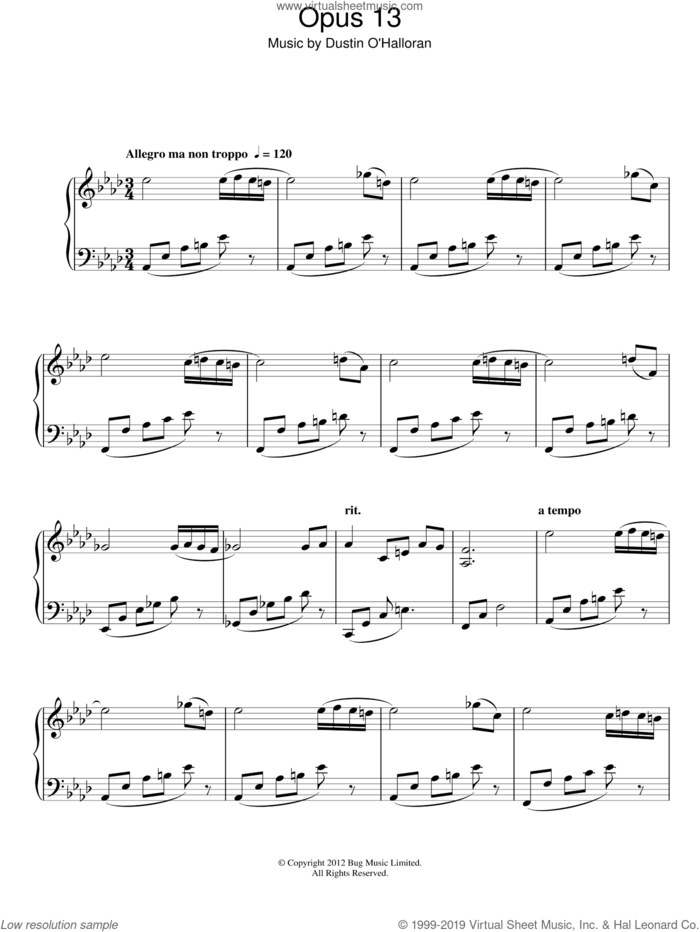 Opus 13 sheet music for piano solo by Dustin O'Halloran, classical score, intermediate skill level
