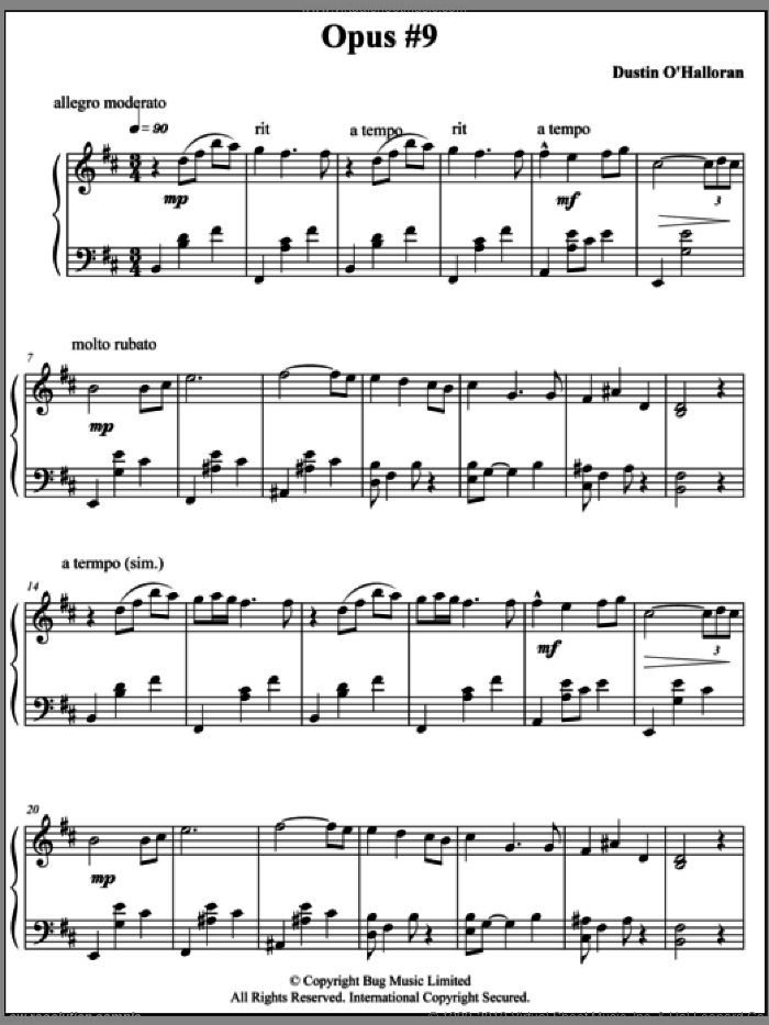 Opus 9 sheet music for piano solo by Dustin O'Halloran, classical score, intermediate skill level