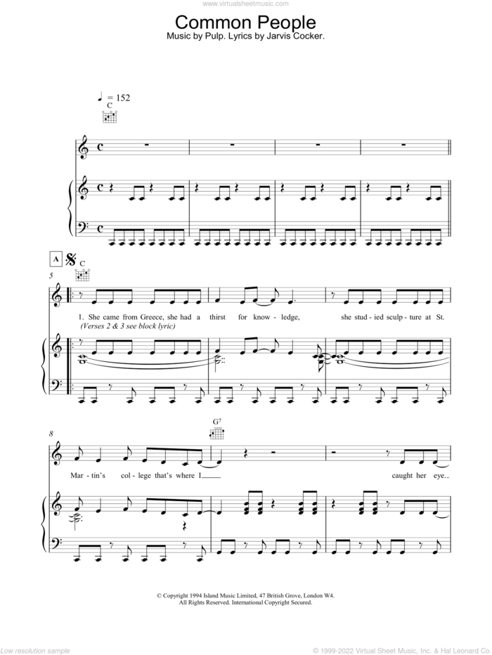 Common People sheet music for voice, piano or guitar by Pulp, intermediate skill level