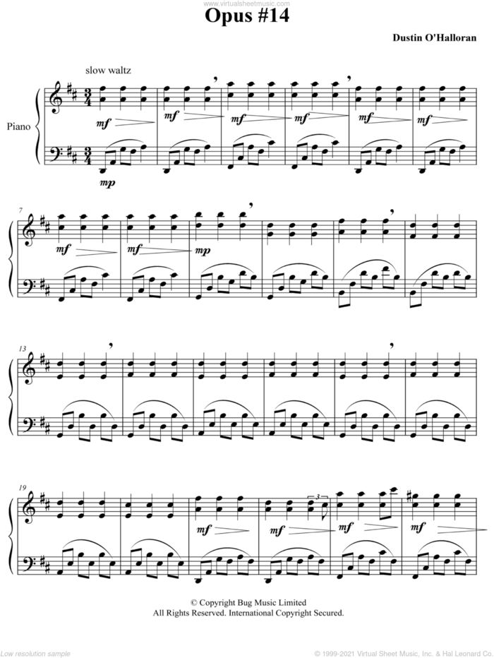 Opus 14 sheet music for piano solo by Dustin O'Halloran, classical score, intermediate skill level