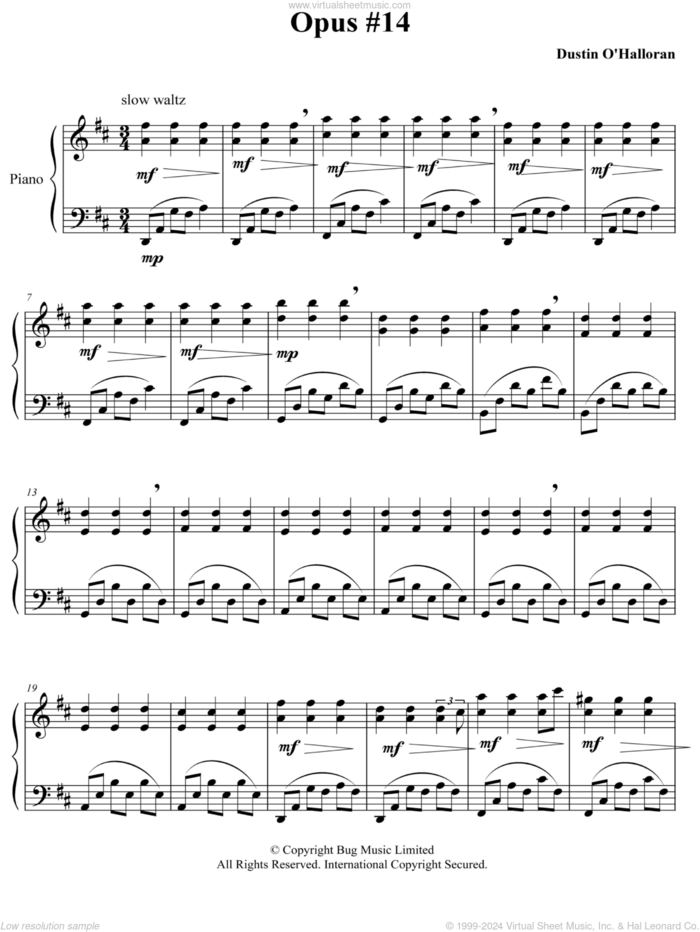 Opus 14 sheet music for piano solo by Dustin O'Halloran, classical score, intermediate skill level