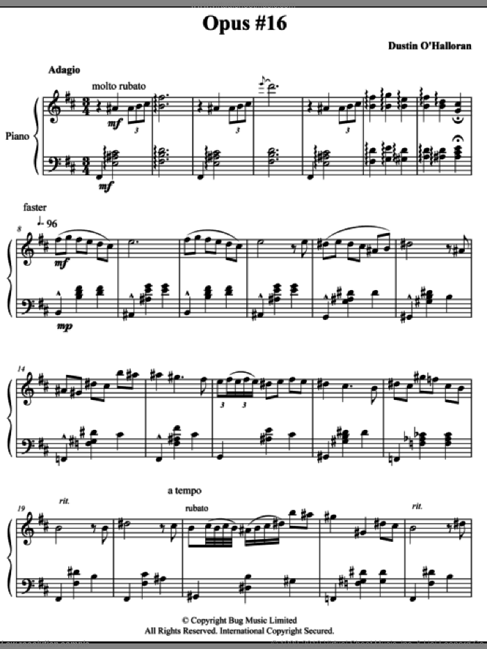Opus 16 sheet music for piano solo by Dustin O'Halloran, classical score, intermediate skill level