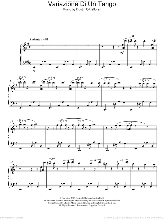 Variazione Di Un Tango sheet music for piano solo by Dustin O'Halloran, classical score, intermediate skill level
