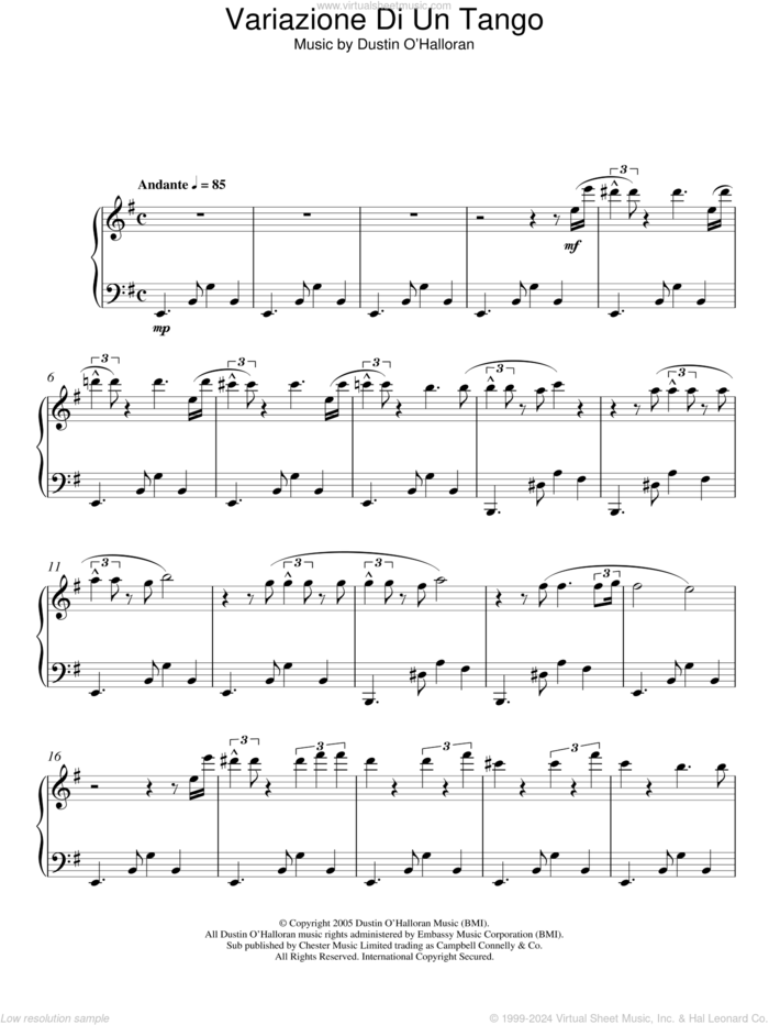 Variazione Di Un Tango sheet music for piano solo by Dustin O'Halloran, classical score, intermediate skill level