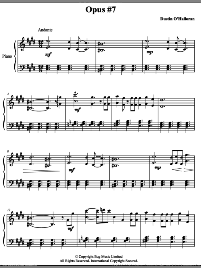 Opus 7 sheet music for piano solo by Dustin O'Halloran, classical score, intermediate skill level