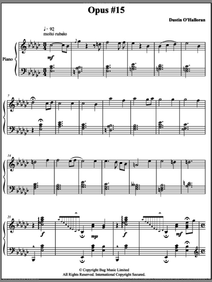 Opus 15 sheet music for piano solo by Dustin O'Halloran, classical score, intermediate skill level