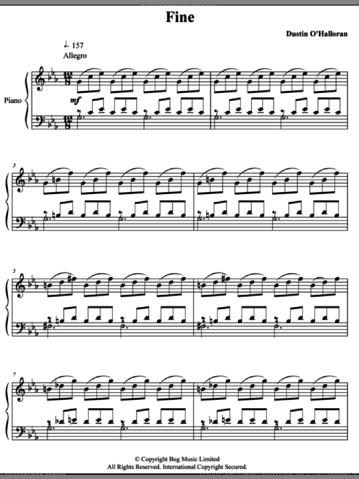 Fine sheet music for piano solo by Dustin O'Halloran, classical score, intermediate skill level