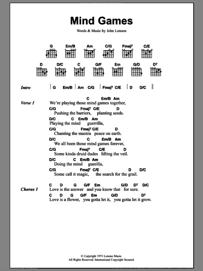 Mind Games sheet music for guitar (chords) by John Lennon, intermediate skill level