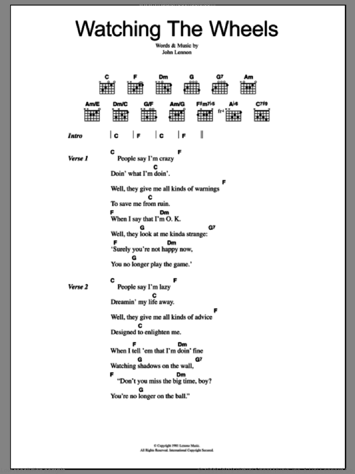 Watching The Wheels sheet music for guitar (chords) by John Lennon, intermediate skill level