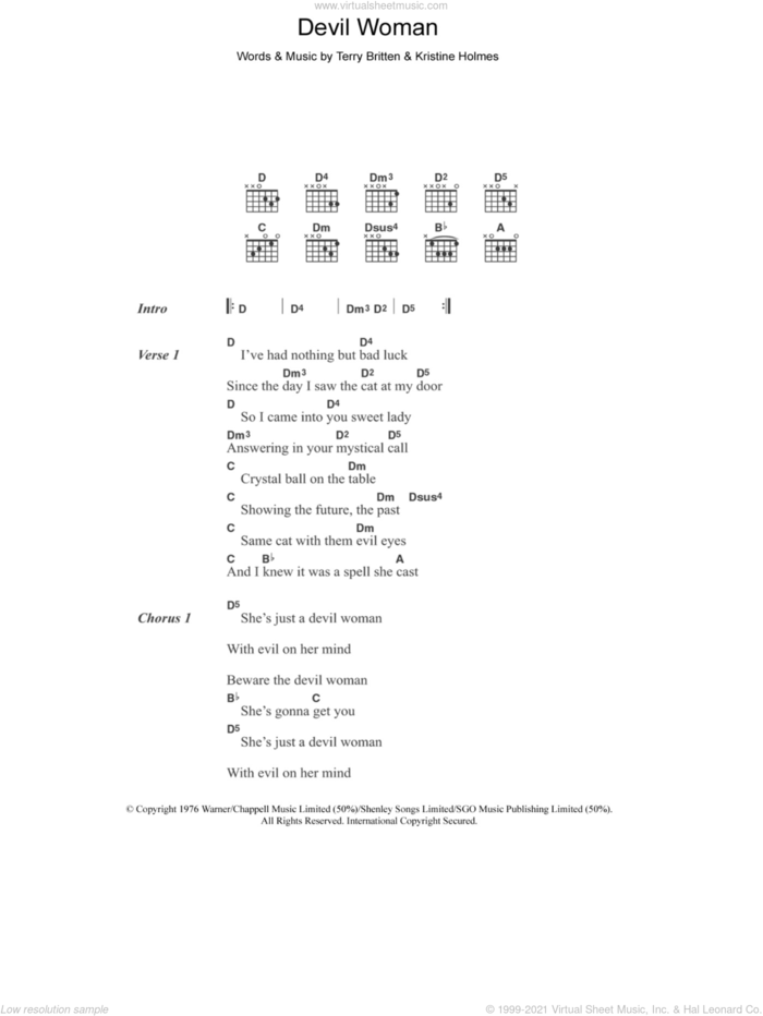 Devil Woman sheet music for guitar (chords) by Cliff Richard, Kristine Holmes and Terry Britten, intermediate skill level
