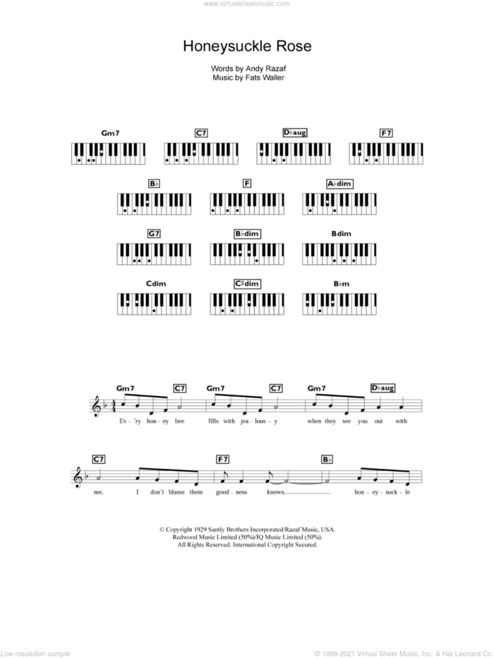 Honeysuckle Rose sheet music for piano solo (chords, lyrics, melody) by Andy Razaf and Thomas Waller, intermediate piano (chords, lyrics, melody)