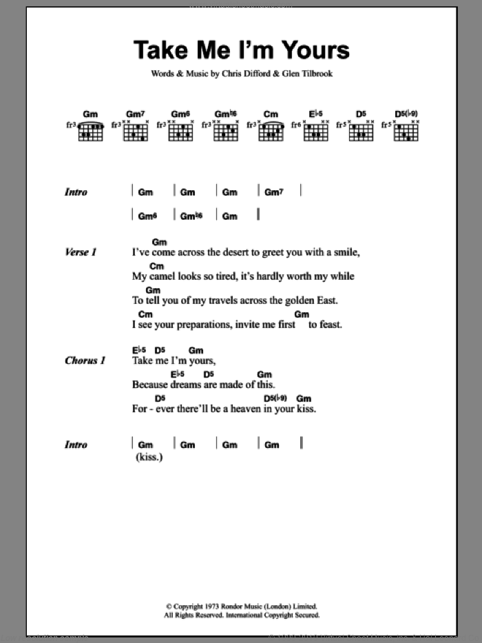 Take Me I'm Yours sheet music for guitar (chords) by Squeeze, Chris Difford and Glenn Tilbrook, intermediate skill level