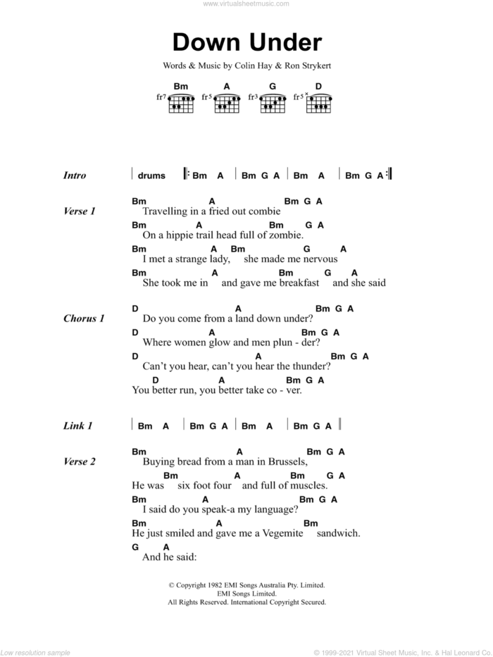 Down Under sheet music for guitar (chords) by Men At Work, Colin Hay and Ron Strykert, intermediate skill level