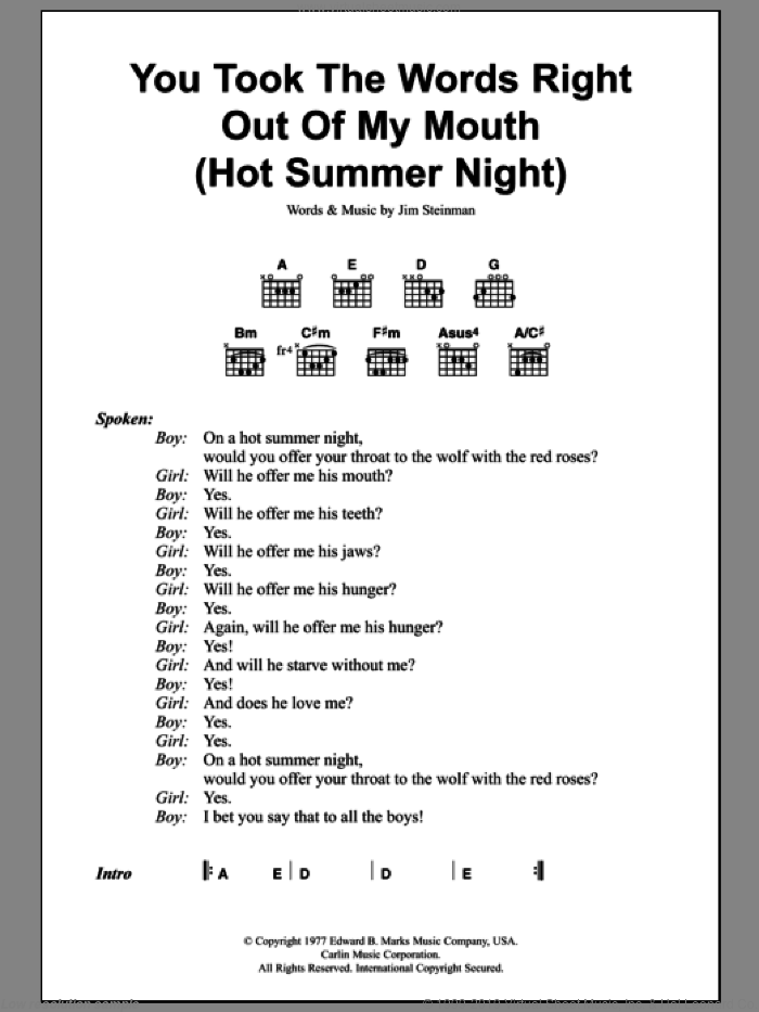 You Took The Words Right Out Of My Mouth (Hot Summer Night) sheet music for guitar (chords) by Meat Loaf and Jim Steinman, intermediate skill level