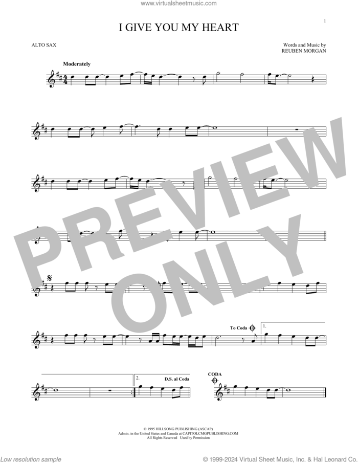 I Give You My Heart sheet music for alto saxophone solo by Hillsong Worship and Reuben Morgan, intermediate skill level