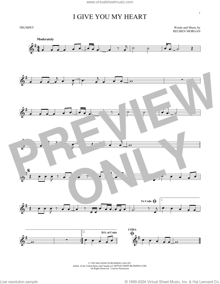 I Give You My Heart sheet music for trumpet solo by Hillsong Worship and Reuben Morgan, intermediate skill level